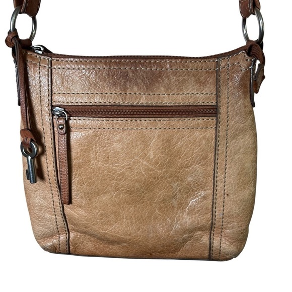 VTG FOSSIL Genuine Leather Brown Crossbody Bag Tan Satchel Zip-Top Key Charm Y2K - Picture 4 of 14